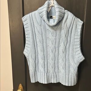 Light Blue Cable Knit Turtleneck Sweater Vest
